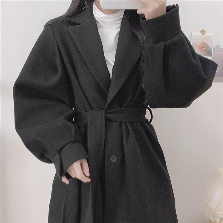 Hepburn estilo casaco de lã preto para mulher outono e inverno 2023 nova cintura pequena engrossado casaco de lã de comprimento médio_voghion.com