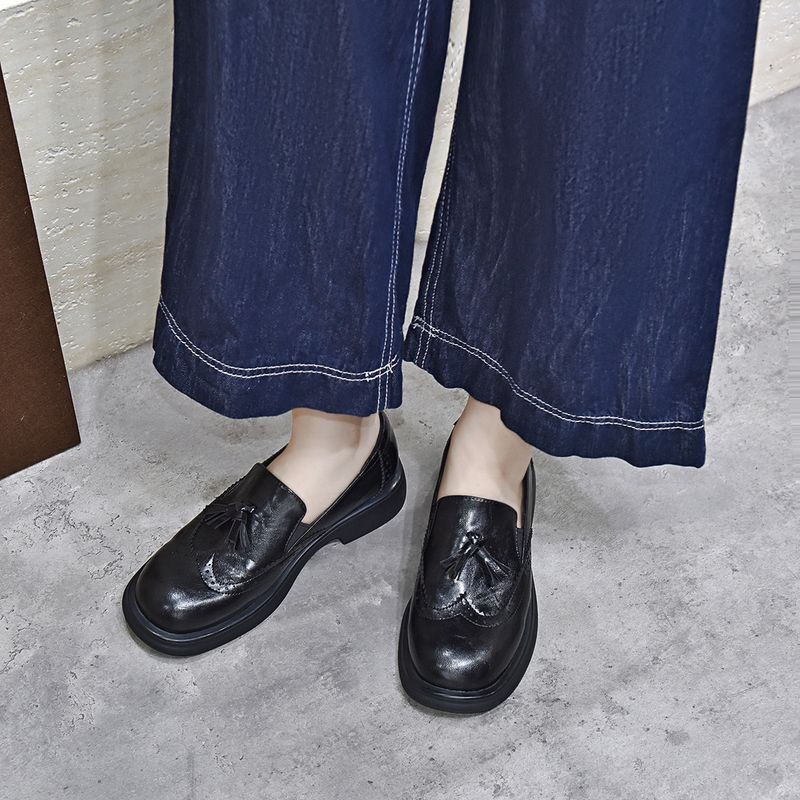 Malé kožené boty, podzim a zima 2025, britský styl, brogue, vyřezávané střapce, ploché boty, pro všechna roční období_voghion.com