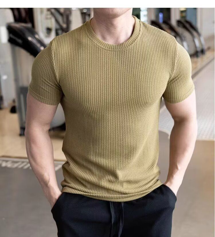 Men's Short-sleeved T-shirt Summer New Slim-fit Business Casual Fashion Versatile High-end Striped Crew Neck Bottoming Shirt_voghion.com