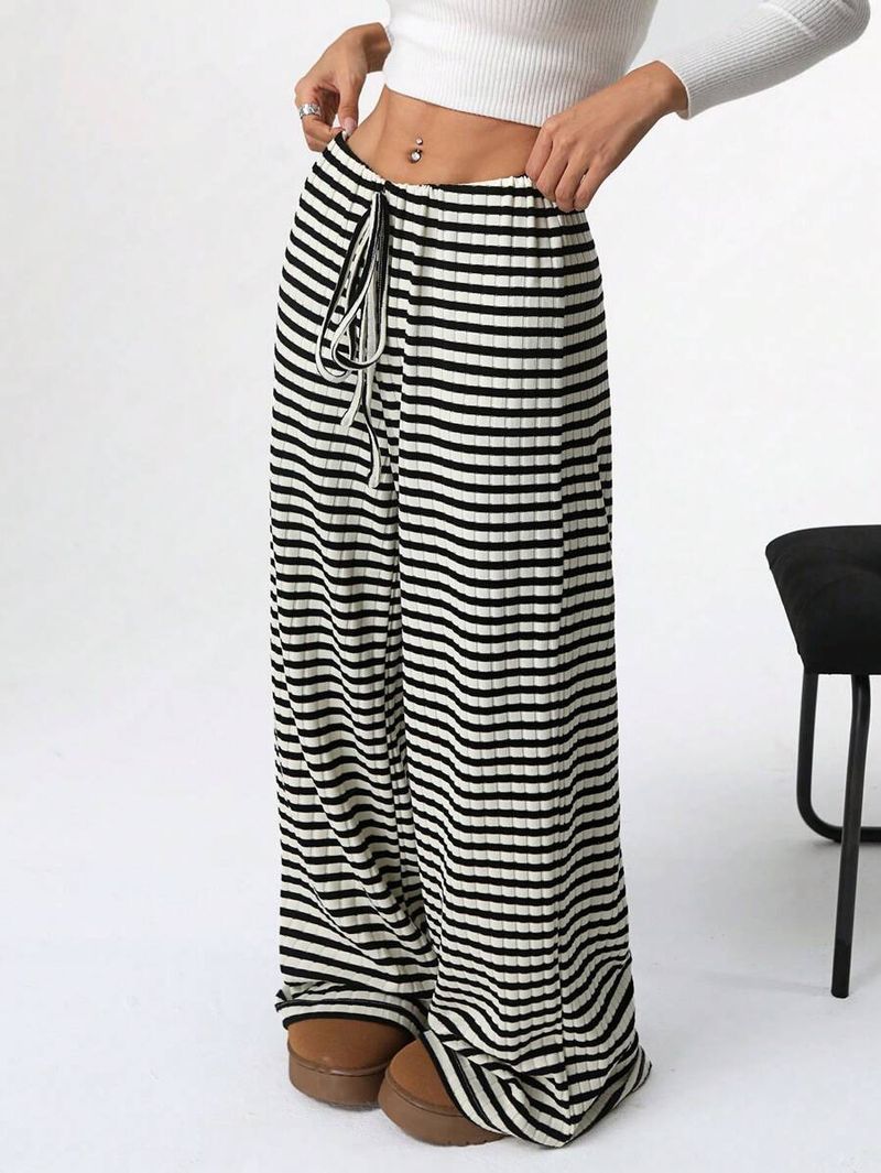 Dameskleding Lente en herfst Dames gestreepte elastische hoge taille gebreide trekkoord casual draperende joggingbroek_voghion.com