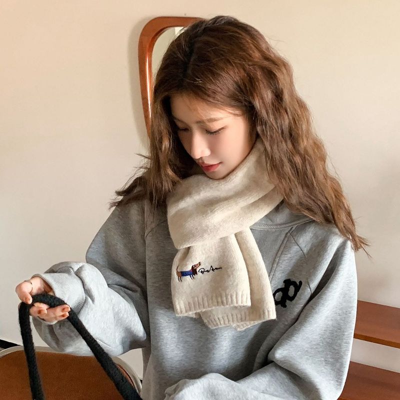 New Cute Dog Embroidered Autumn and Winter Warm Shawl Student Versatile Couple Scarf_voghion.com