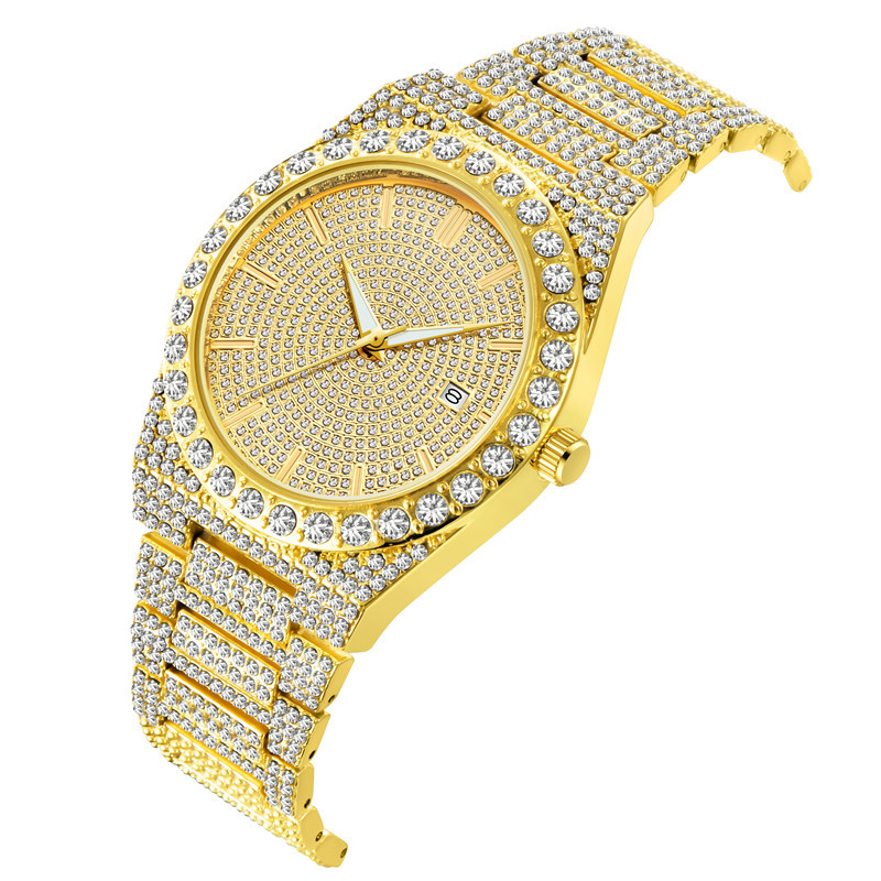 Herren-Hip-Hop-Diamantuhr mit Datumsfunktion – goldene Edelstahl-Quarzuhr, modisches minimalistisches Design für den Alltag_voghion.com
