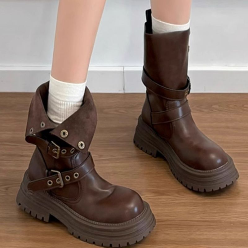 Britischer Stil Martin für Damen 2025 Neue Frühlings- und Herbstschuhe für einzelne Damen Mitte der Wade Dicke Sohle Schwarze kurze Stiefel_voghion.com