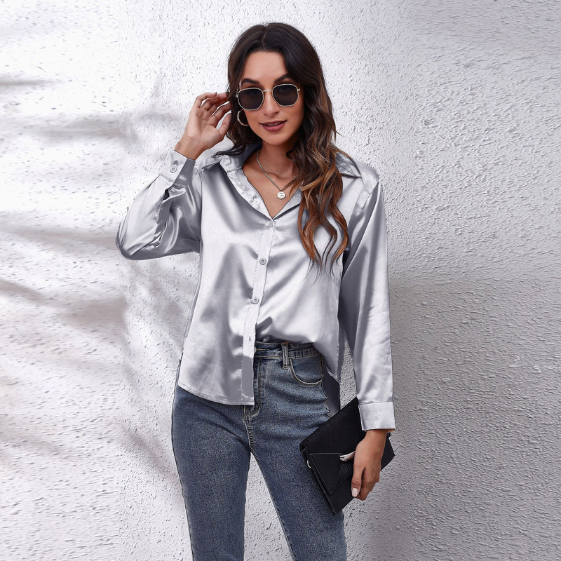 Women's clothing color D shirt satin silk imitation long sleeve shirt_voghion.com