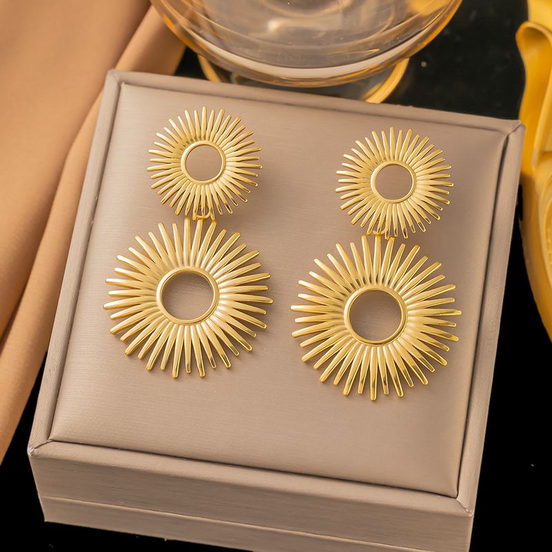INS Style Classic Temperament Versatile Hollow Gold Stainless Steel Double-layer Sunflower Earrings For Women_voghion.com