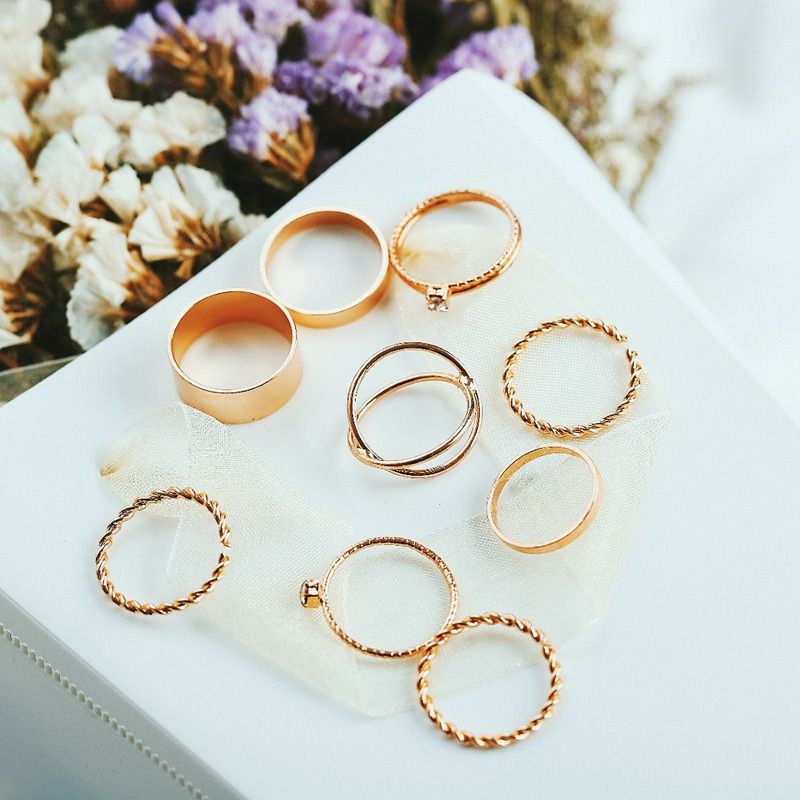 Ready Stock 8 Teil/Set Retro Böhmen Kreis Zirkon Perle Set für Frauen Elegante Vintage Herz Stern Geometrische Ring Modeschmuck_voghion.com