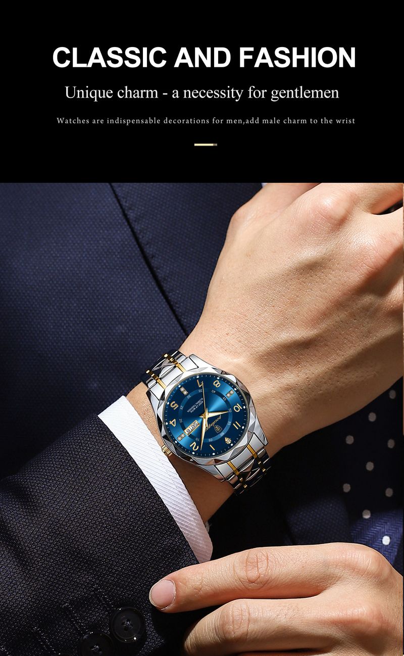 Herr Kvartsklocka Vattentät Date Week Luminous Armbandsur Rostfritt stål Herrklockor Sport Herrklocka_voghion.com