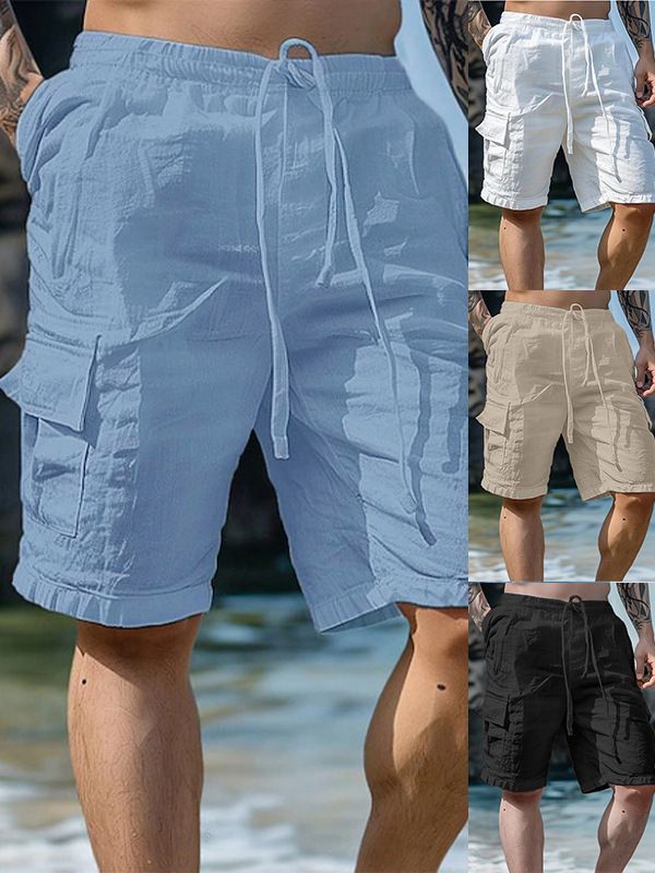 Cargoshorts voor heren met meerdere zakken en trekkoord - Ademende zomershorts van linnen en katoen voor strand, wandelen en vrijetijdskleding_voghion.com