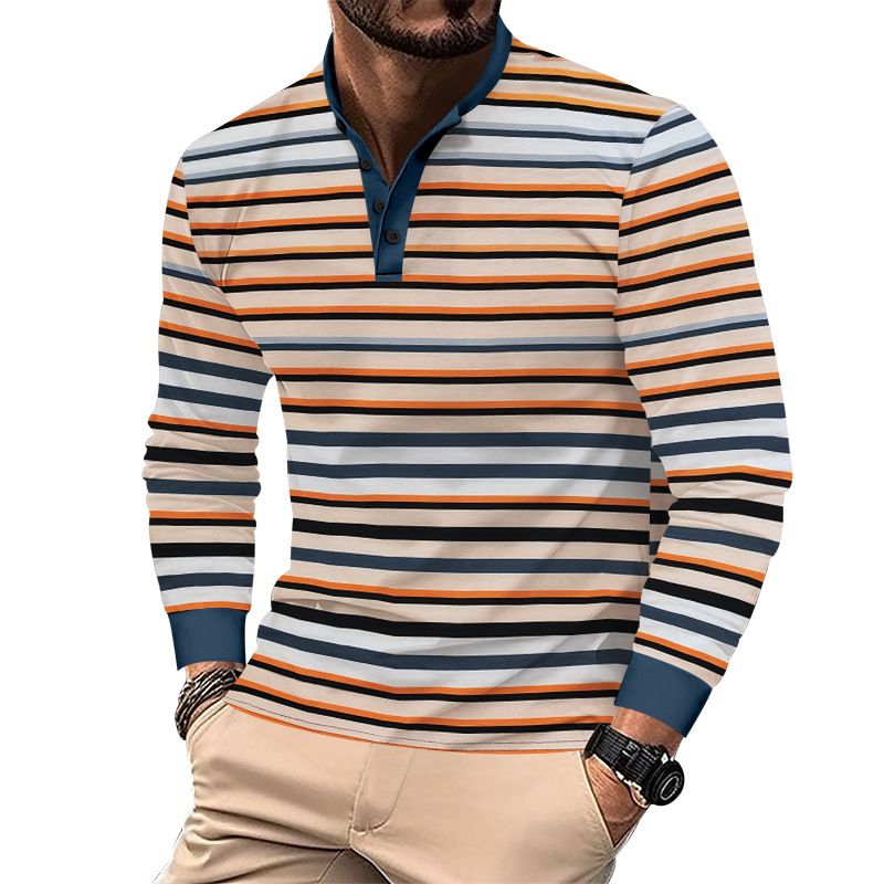 Polo da uomo autunno inverno 2024, a righe colorate, casual, girocollo, ampia, manica lunga, maglietta di base_voghion.com
