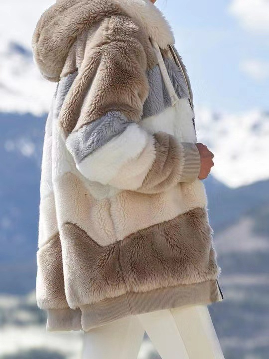 Kadınlar için sıcak peluş patchwork fermuarlı cepli kapşonlu bol ceket_voghion.com