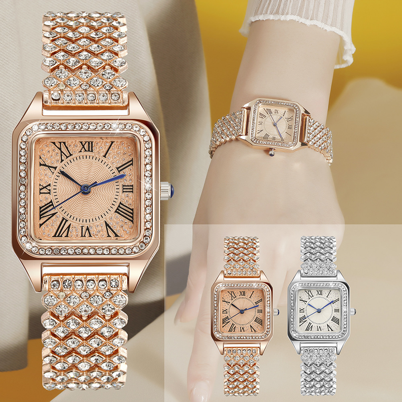 2024 High-End-Mode-Armbanduhr mit Stahlband und eingelegtem Volldiamant und römischem Muster mit Strasssteinen für Damen_voghion.com
