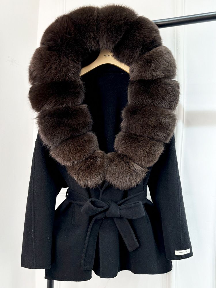 New Arrival Double-Faced Cashmere Coat With Fox Fur Hood Long Wool Blend Trench Coat For Women, Geometric Print, Belted Waist, Grey/Black/Camel_voghion.com