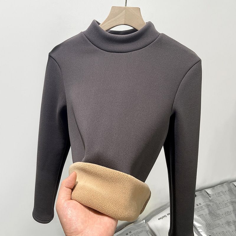 K Suéter de gola alta justa como camada de base; Blusa quente de lã plus size com gola pequena para mulheres; Mangas compridas_voghion.com