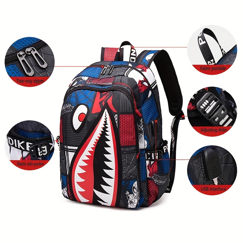 Mochila con patrón de tiburón, bolso escolar de nailon de moda para estudiantes, mochila de viaje ligera con puerto de carga USB_voghion.com