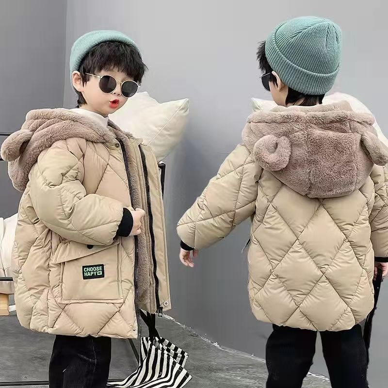 Boys' Plush-Lined Winter Jacket With Bear Ears - Warm Cotton Padded Coat For 3-7 Year Olds (Khaki/Black) - Korean Style_voghion.com
