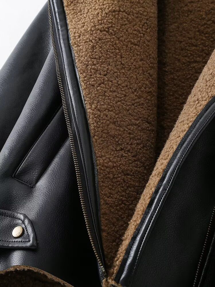 Women's clothing 2024 autumn and winter new fashion velvet lining motorcycle jacket_voghion.com