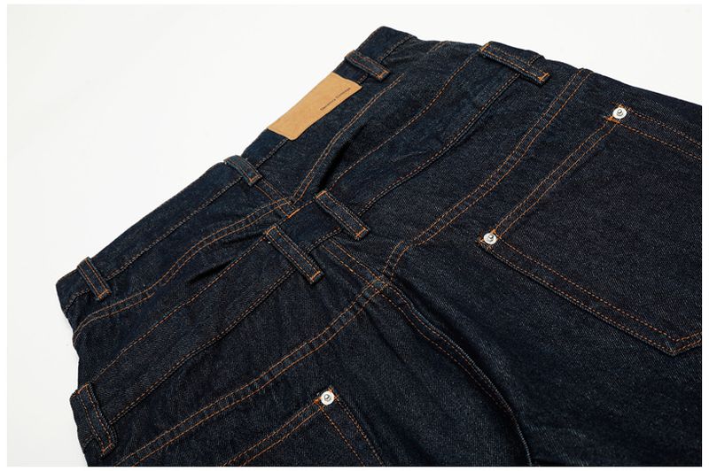 Herren-Stil Doppelbund Nieten Indigoblau Strukturierter Denim A-Linie Entspannte Gerade Bein Lange Hose_voghion.com