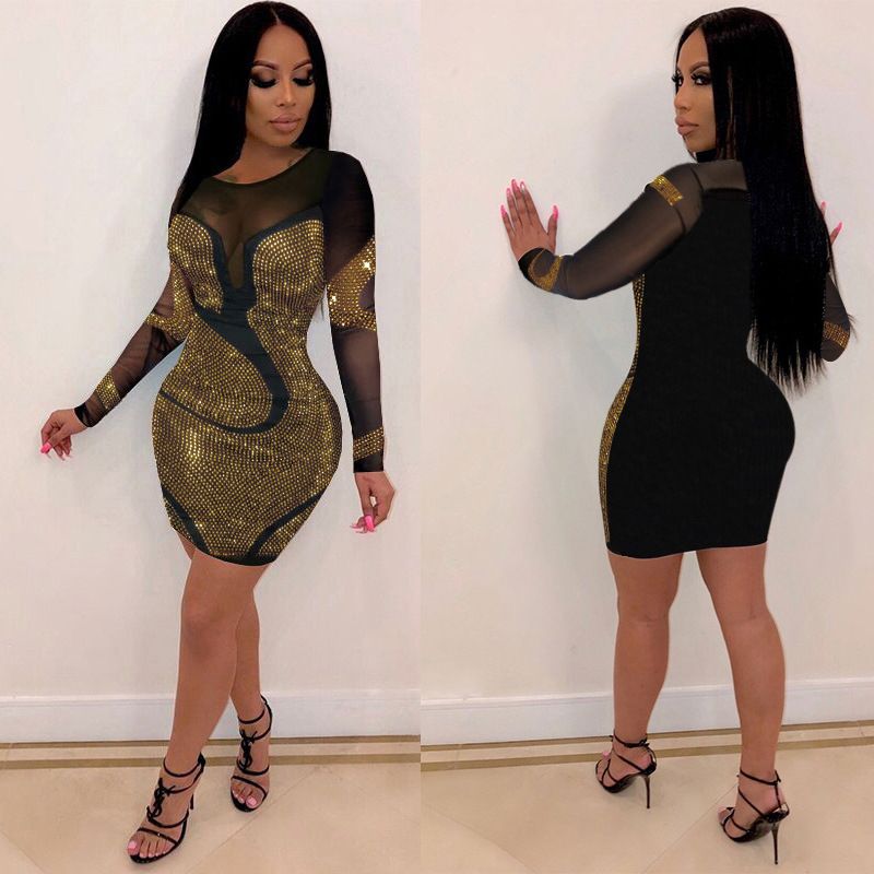 Robe moulante à paillettes et manches longues pour femme, tenue de soirée sexy en maille transparente, coupe ajustée (doré/argenté, S-Xxxl)_voghion.com