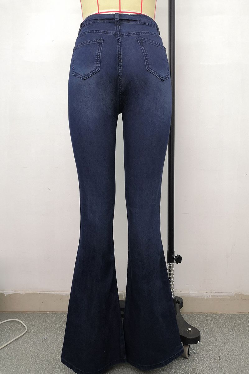 2024 Plus Size Elastic High Waist Denim Long Women's Flared Pants_voghion.com