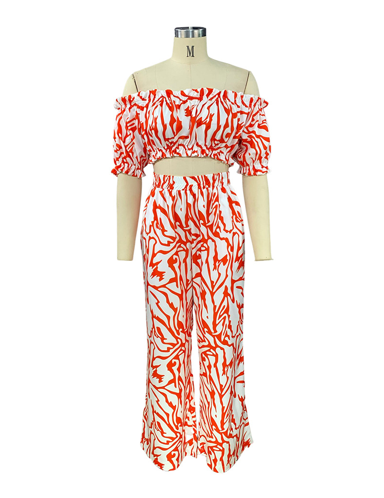 Damen-Stil, One-Shoulder-Kurzarm, modisch bedruckte Hose, zweiteiliges Hosen-Set_voghion.com