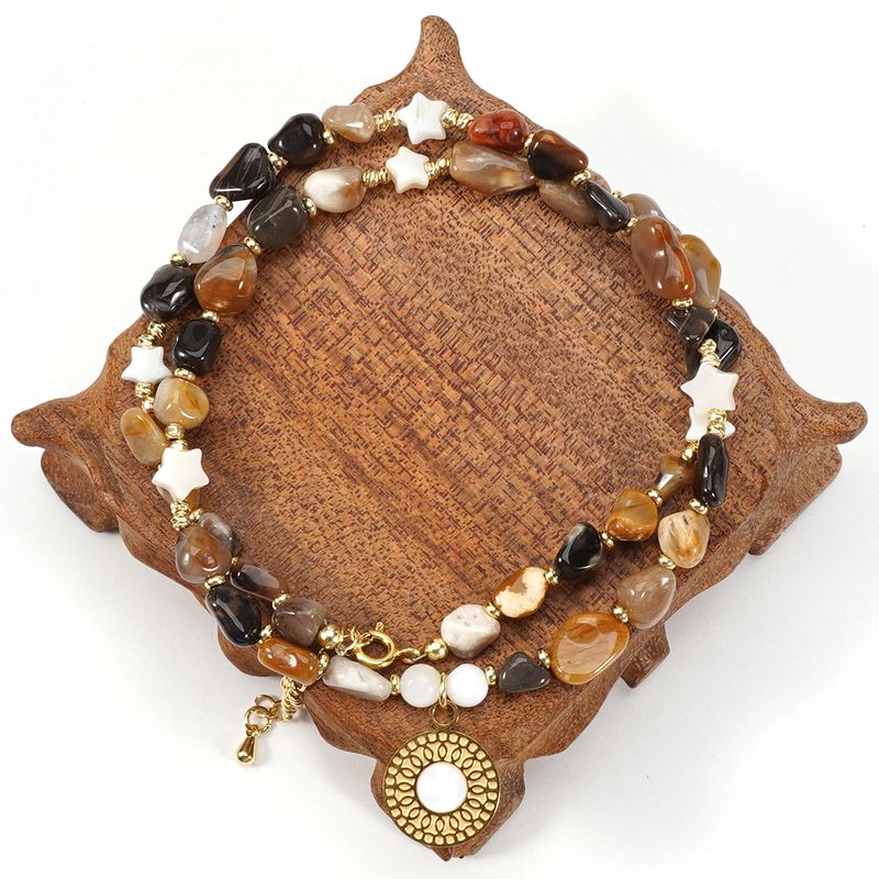 Conjunto de colar e pulseira de pedra natural de opala preta com concha de ameixa e estrela de cinco pontas_voghion.com