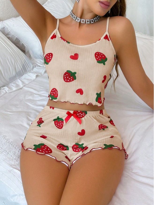 Zweiteiliges Set aus Camisole-Shorts mit Herz-Print und sexy Loungewear aus Milchseide_voghion.com
