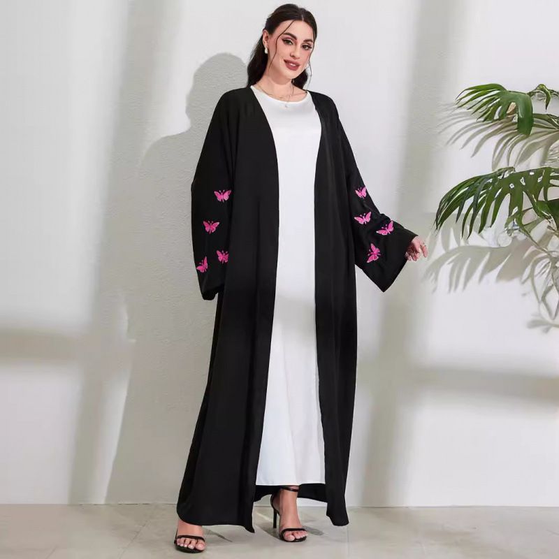 Robe longue musulmane élégante à la mode, cardigan brodé papillon_voghion.com