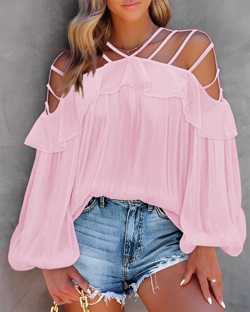 Top da donna a maniche lunghe con volant e spalle scoperte, vestibilità slim, molto venduto_voghion.com