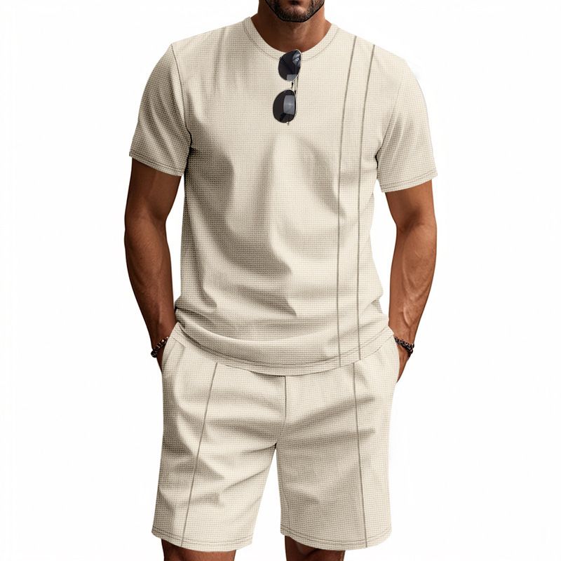 American Style Summer Men's Loose Fit INS Simple Waffle Round Neck Short Sleeve Shorts Two-Piece Set_voghion.com