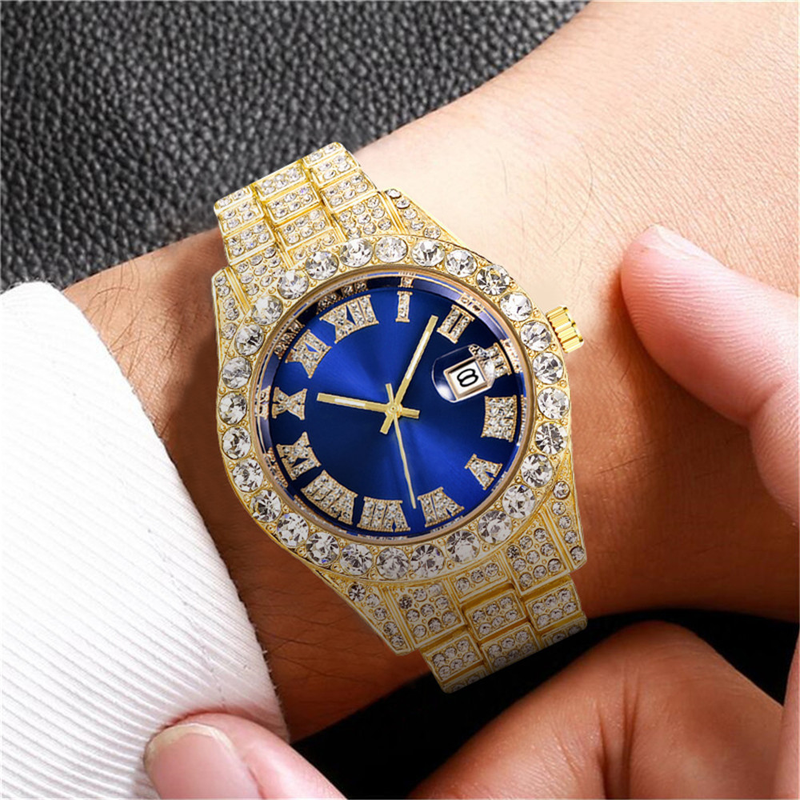 Nieuwe Europese en Amerikaanse Water Ghost Grote Water Diamant Ingelegde Romeinse Schaal Kalender Hip Hop Heren Gouden Horloge Vol Diamanten Horloge_voghion.com