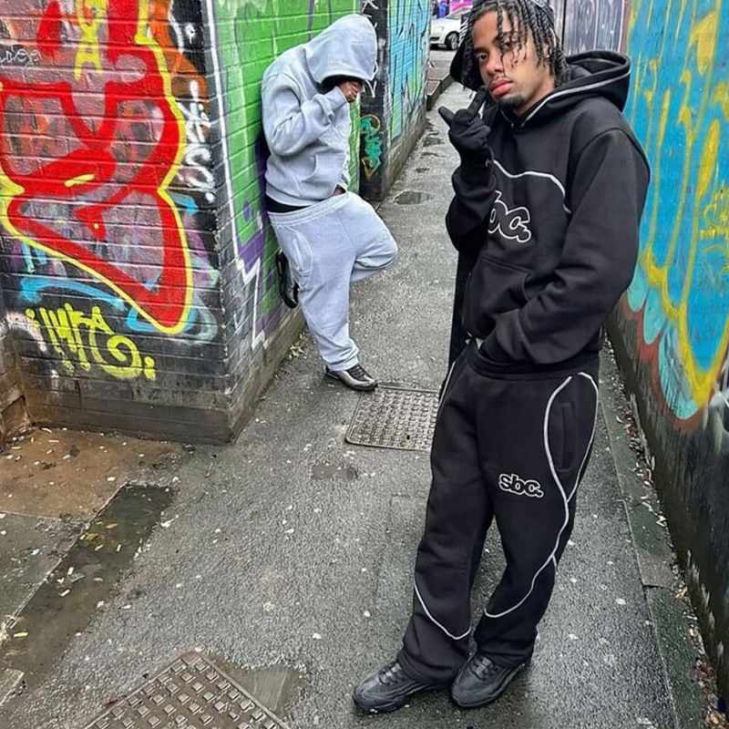 Herrenbekleidung Herren Hip Hop Streetwear Hoodie & Jogger Set mit Buchstabendruck - Trendy Oversized Pullover mit Kapuze und Hose für urbane Mode_voghion.com