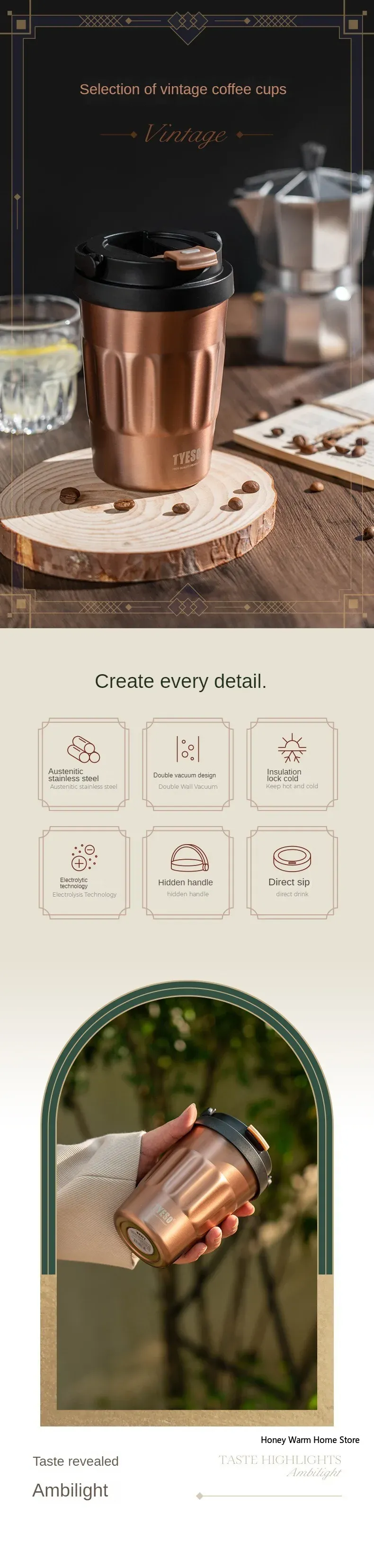 TYESO Thermos Borracce Sottovuoto 400ml/500ml Tazza Isolata in Acciaio Inox 304 Originale Bicchiere per Auto Caffè Freddo e Caldo_voghion.com