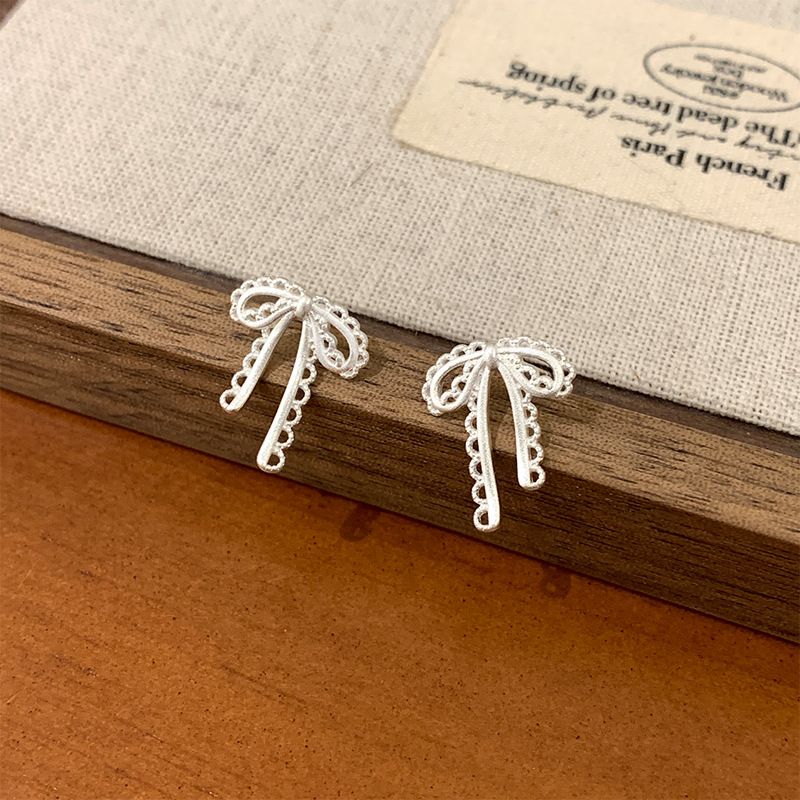 Tiqi S Pure Sier Ballet Style Matte Bow Feminine Temperament, Sweet Lace Fashion Earrings, Trendy_voghion.com