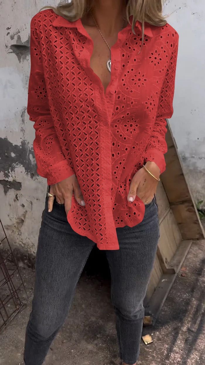 Ladies' Shirts Spring And Summer Hollow Printing Loose Button Grid Fashion Tops Women's Shirts_voghion.com