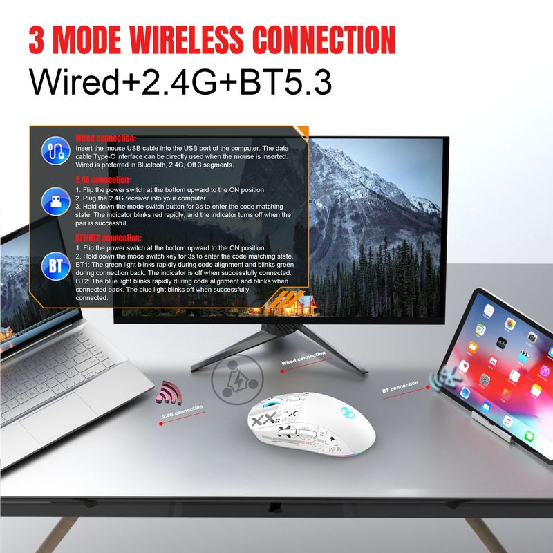 3 Modi Bluetooth-Gaming-Maus, Wiederaufladbar, 2,4 G USB, Kabellos, RGB-Hintergrundbeleuchtung, Maus Für IPad, Tablet, Laptop, Computer_voghion.com