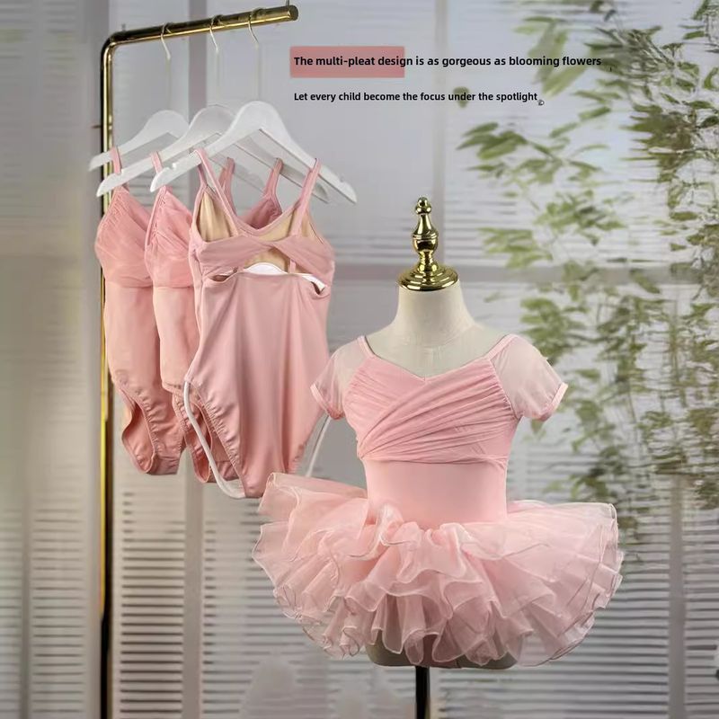 Ropa de baile de verano nueva para niños, ropa de entrenamiento para niñas, ropa de baile de gimnasia de ballet de malla de ortografía de manga corta en stock_voghion.com