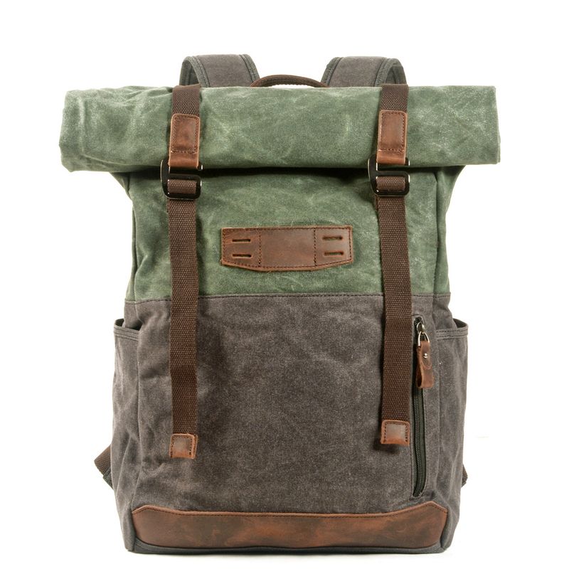 LazyZoom Oil Wax Canvas Color-Block Outdoor Hiking Travel Climbing Backpack Student School Bag_voghion.com