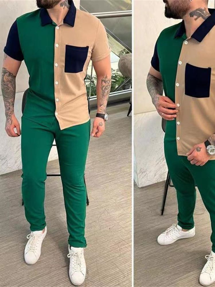 Trendiges, lässiges Sport-Set für Herren: Kurzarmhemd und lange Hose im Herbst-Color-Blocking-Stil_voghion.com