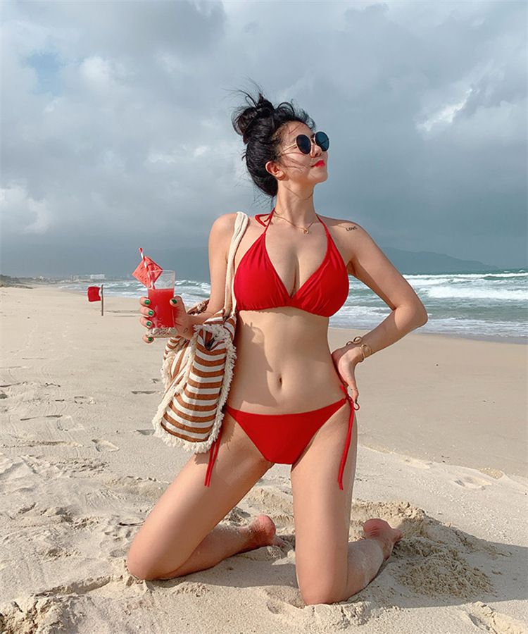 Women's Clothing New Ins Style Pure Color Sexy Slim Gathered Slim Three Point Multi Color Lace Bikini Women's Swimsuit_voghion.com