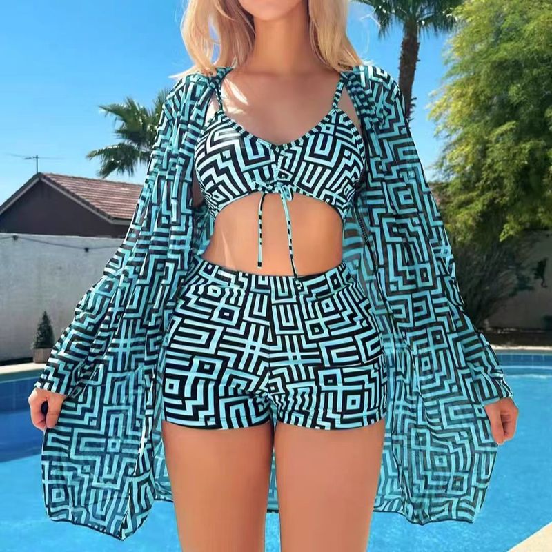 New Women's Two-Piece Swimsuit With Gathered Ruched Top And High-Waisted Swim Shorts Three-Piece Set_voghion.com