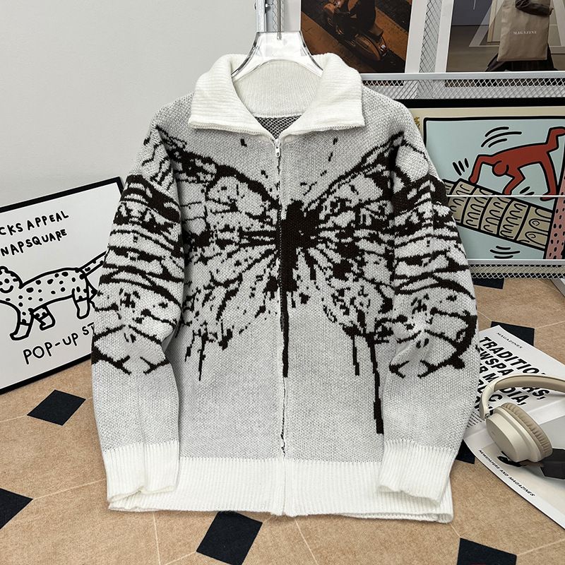Herren-Vintage-Cardigan mit Schmetterlings-Reißverschluss – Weicher, wachsartiger Strickpullover für Herbst/Winter (Schwarz/Grau, M-XXL)_voghion.com