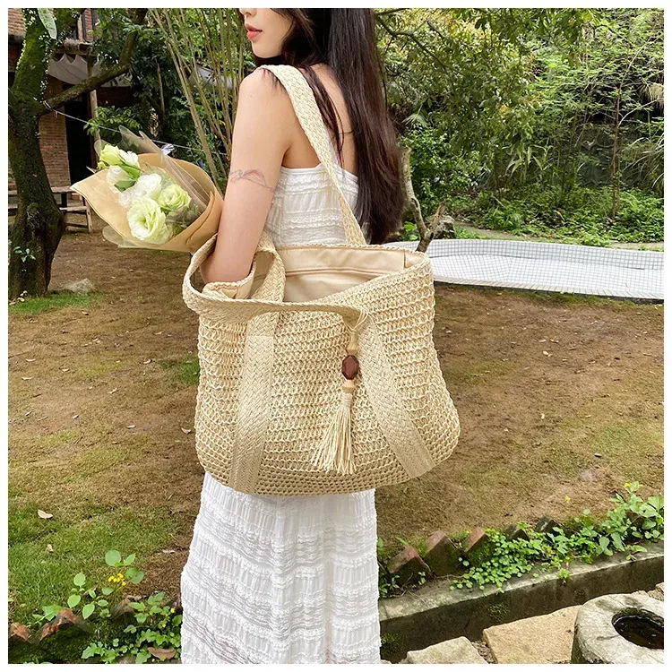 Elegante borsa da donna in paglia intrecciata, da spiaggia, per le vacanze, per il pendolarismo, casual, con manico superiore, alla moda, retrò, a tracolla, 2024_voghion.com