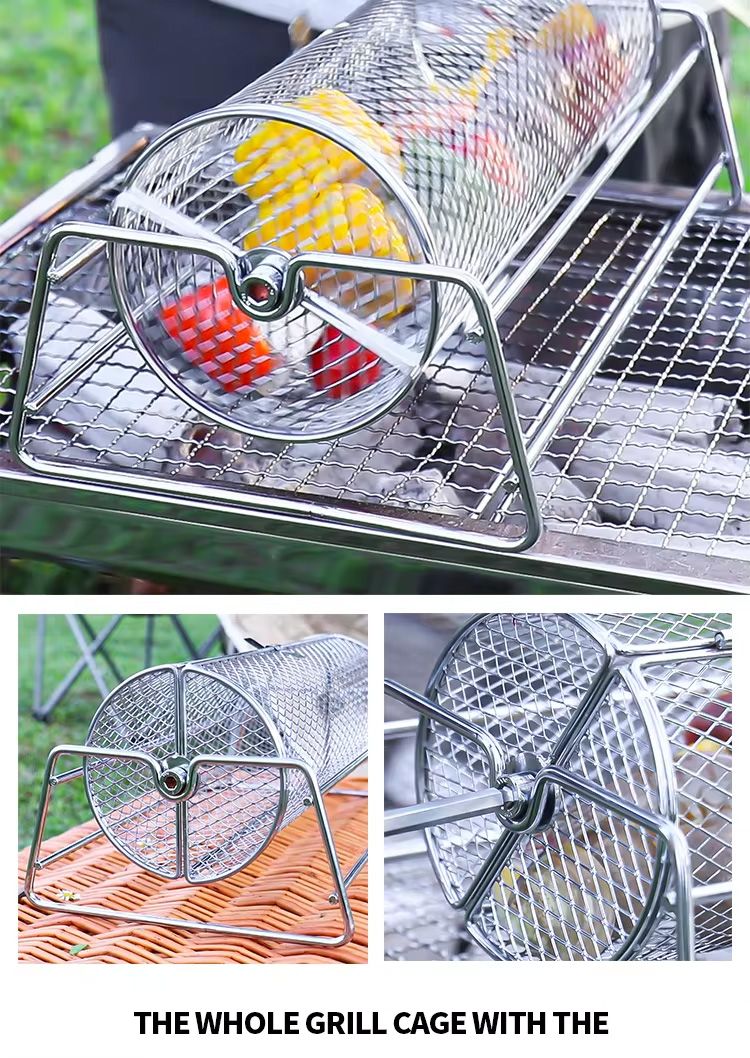 Roestvrijstalen Rollende BBQ-grill Mesh Basket Grill Rotisserie Basketrol Barbecue Kooi Kaffeebrander_voghion.com