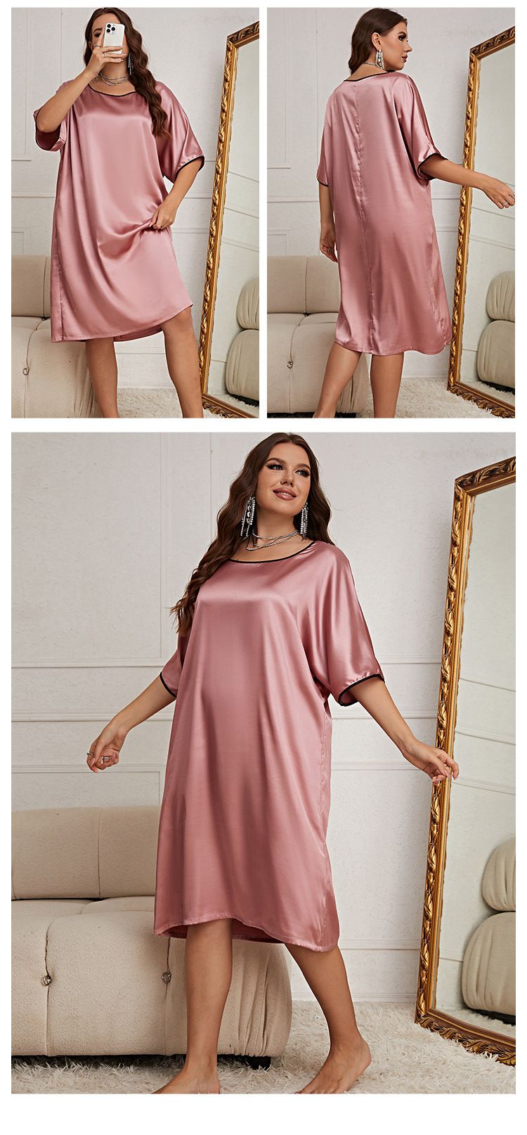 Plus Size Summer Thin Breathable Women's Round Neck Dress Sexy Nightgown Ladies Ice Silk Homewear_voghion.com