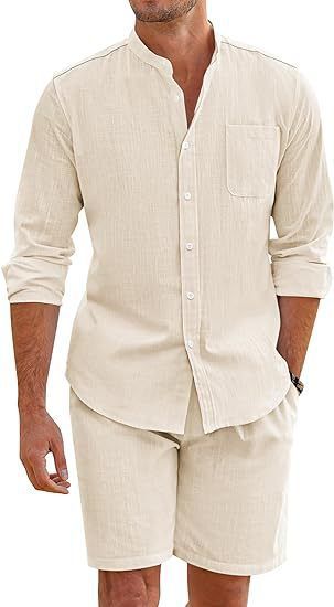 Completo estivo da uomo in due pezzi, in cotone e lino, con comoda camicia abbottonata, pantaloncini a maniche lunghe, cardigan, semplice e casual, abbigliamento da spiaggia_voghion.com