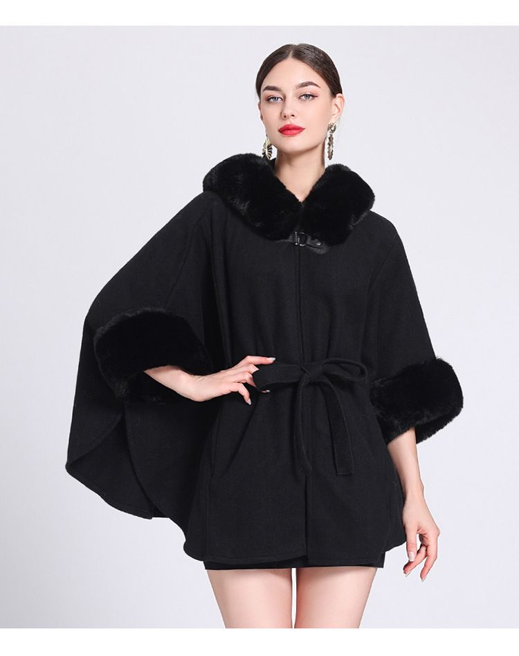 Mantella con cappuccio e colletto in lana, cardigan in pizzo lavorato a maglia da donna, cappotto in lana taglie forti_voghion.com