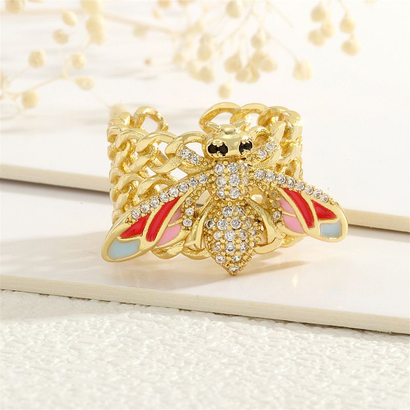Hip Hop Cuban Chain Zircon Personality Metal Cold Style Atmospheric Wide Version Colorful Drip Oil Bee Ring_voghion.com