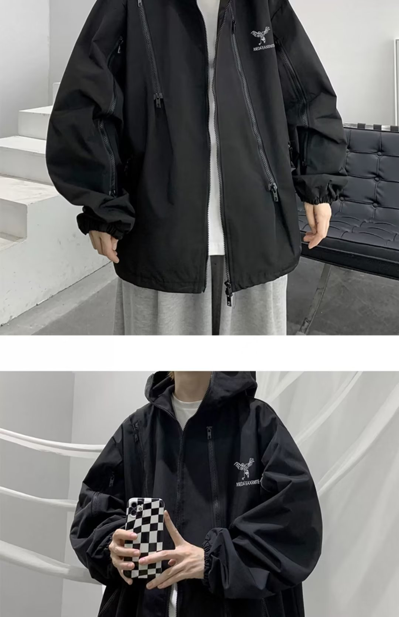 Männerkleeder Schwaarz Kapuzenjackete fir Männer waasserdicht Hipster Hiphop locker Jongen Trendjackete_voghion.com