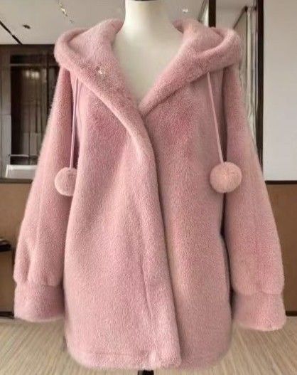Cappotto con cappuccio in finta pelliccia di visone da donna – Giacca lunga invernale da strega per donna (avorio/rosa/nero, taglia unica)_voghion.com