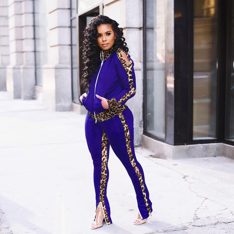 Vêtements pour femmes, ensemble de sport deux pièces à épaules dénudées, imprimé léopard, coutures contrastées, couleur tendance_voghion.com